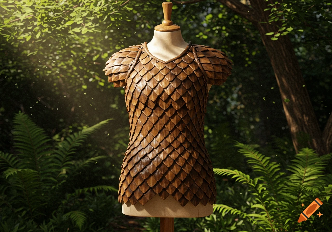 A scalemail top, appearing to be made of wooden scales, displayed on a mannequin in a sunlit forest.