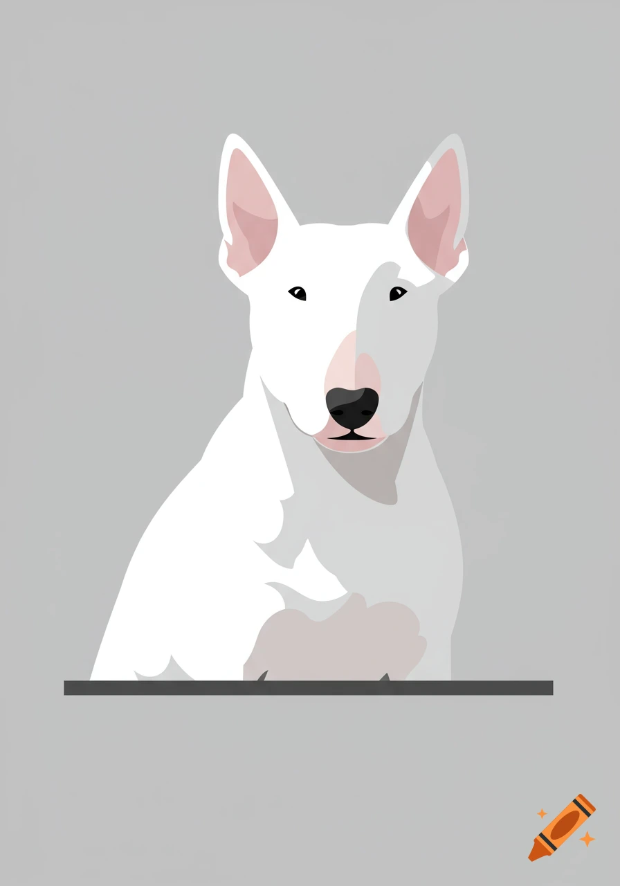 An abstract, minimalistic illustration of a white bull terrier looking forward against a plain gray background.