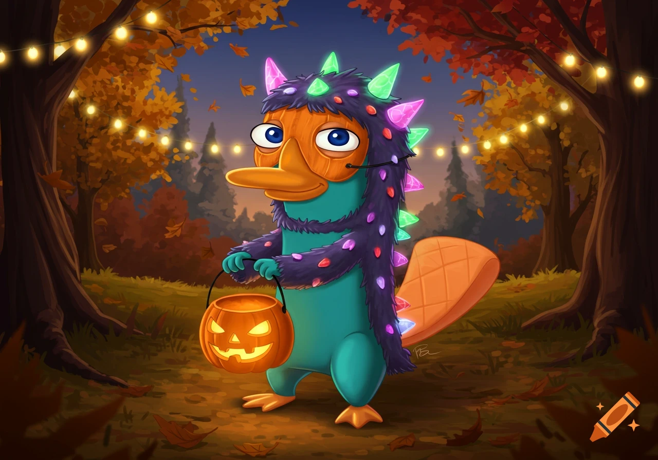 Perry the platypus in a monster costume holds a jack-o'-lantern bucket in a fall forest lit by string lights.