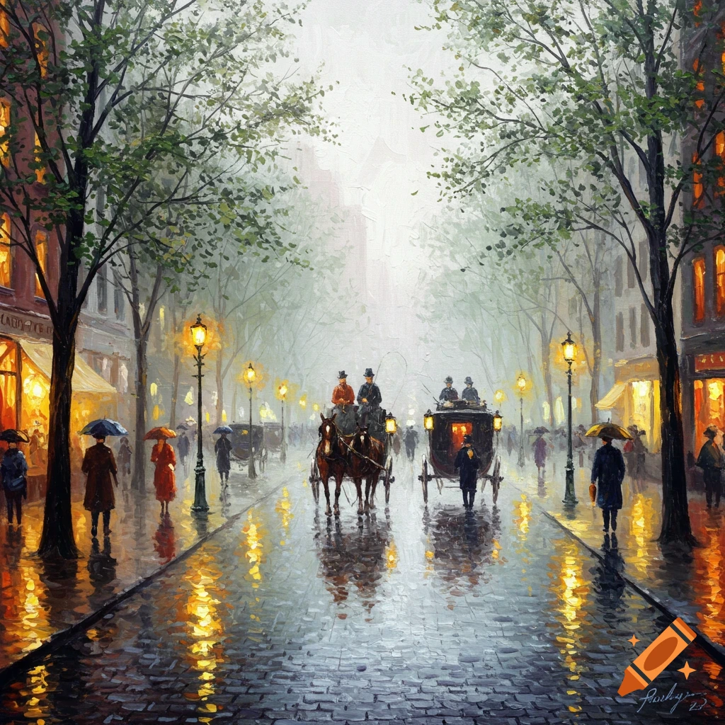 Impressionistic painting of a rainy city street with horse-drawn carriages, pedestrians with umbrellas, and illuminated street lamps.