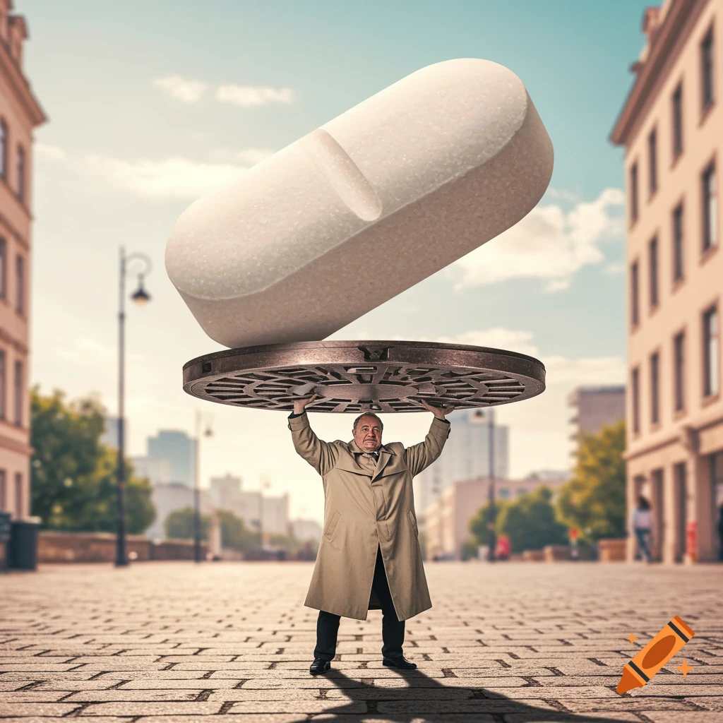 A man in a trench coat struggles to hold a giant pill and manhole cover above his head on a city street.