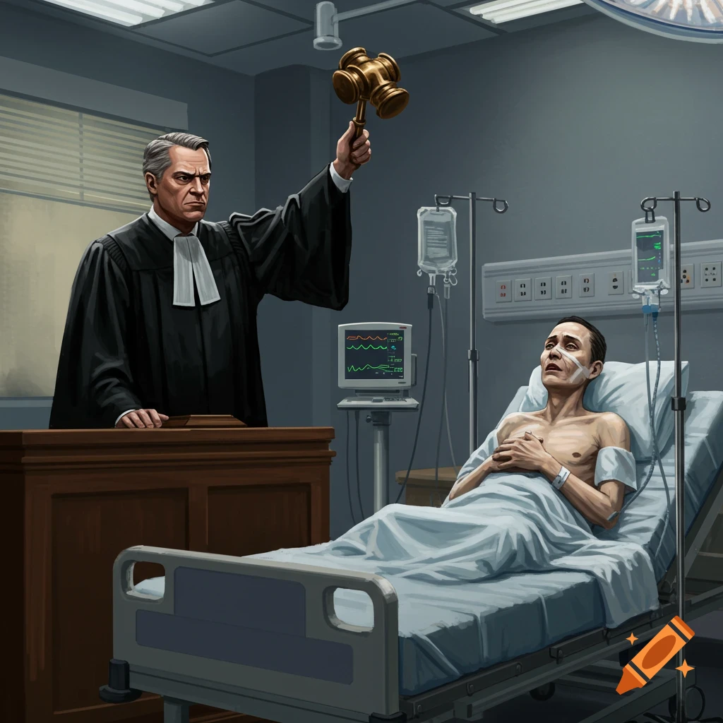 A judge in a black robe raises a gavel over a patient lying in a hospital bed with medical equipment, in an illustrative style.