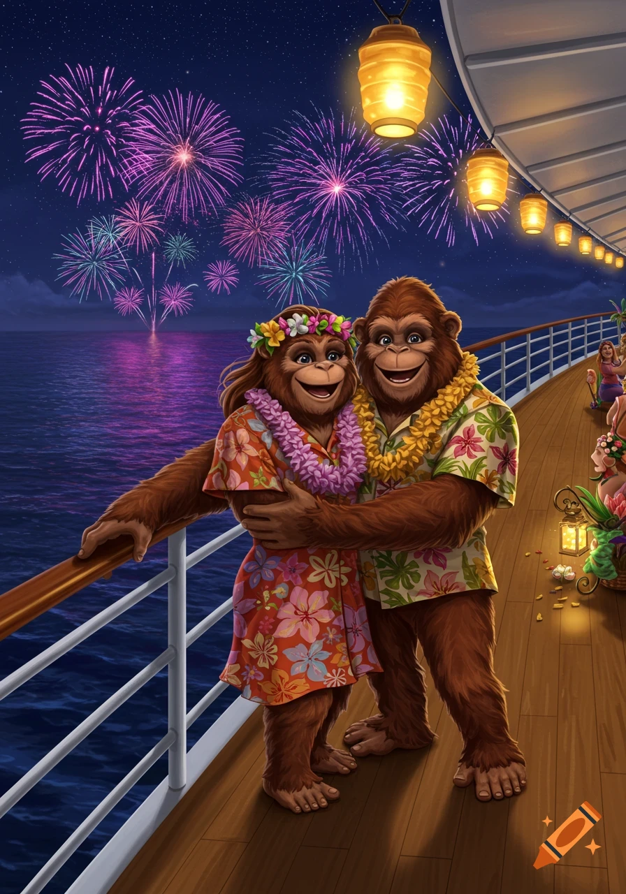 A Bigfoot couple in tropical attire embracing on a cruise ship deck at night with fireworks over the ocean.