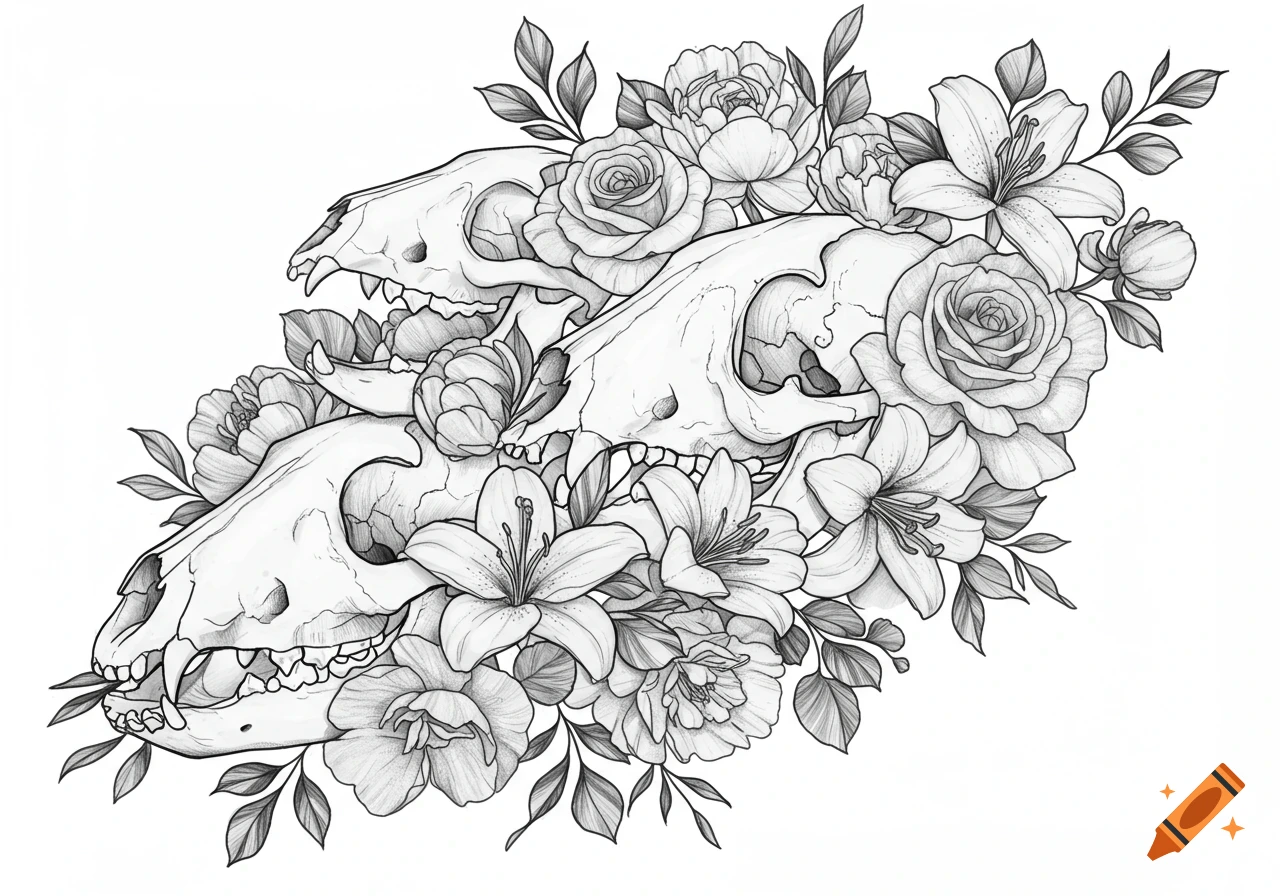 Detailed fine line drawing of two animal skulls intertwined with various flowers and leaves, in a black and white tattoo design style.