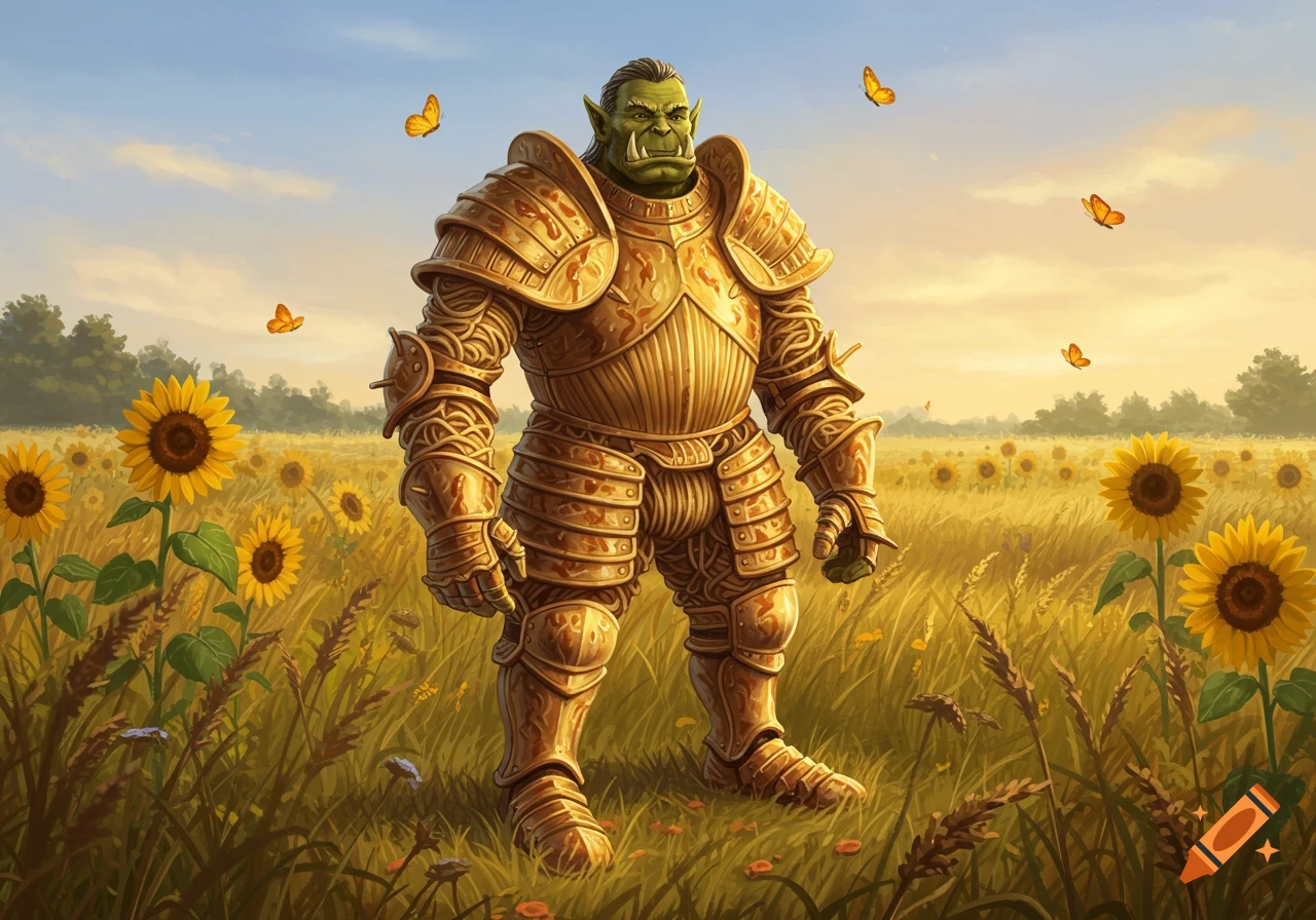 An orc in golden, spaghetti-textured plate armor stands in a sunlit sunflower field with butterflies.