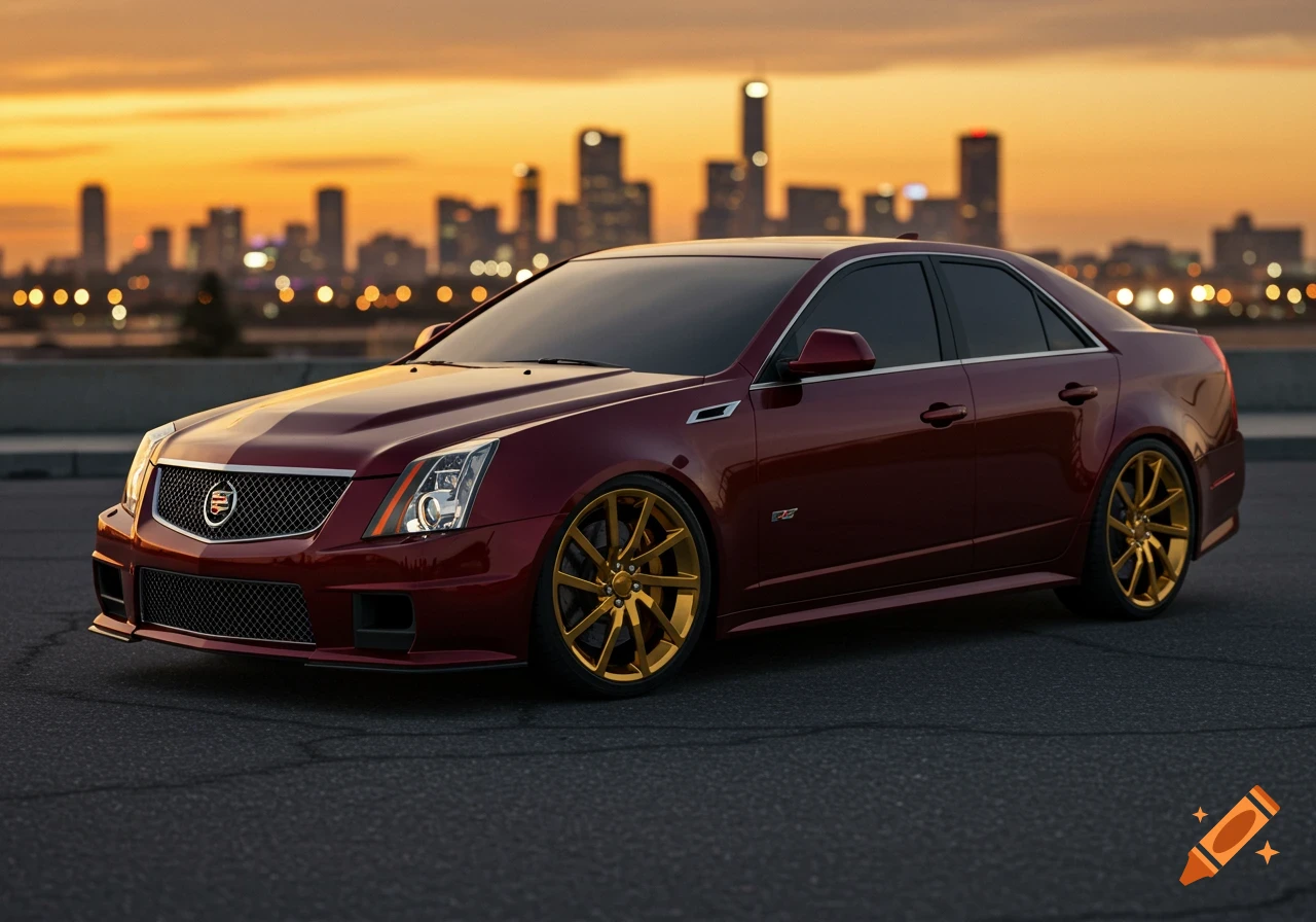 A candy burgundy Cadillac CTS-V with tinted windows and gold rims parked on asphalt with a blurred city skyline at sunset.