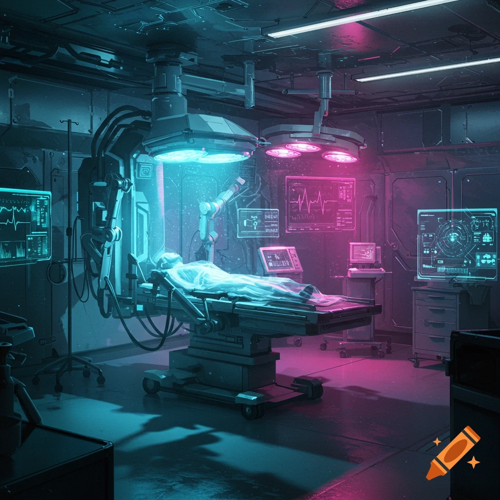 A patient on an operating table in a neon-lit cyberpunk hospital room with futuristic medical equipment and monitors.
