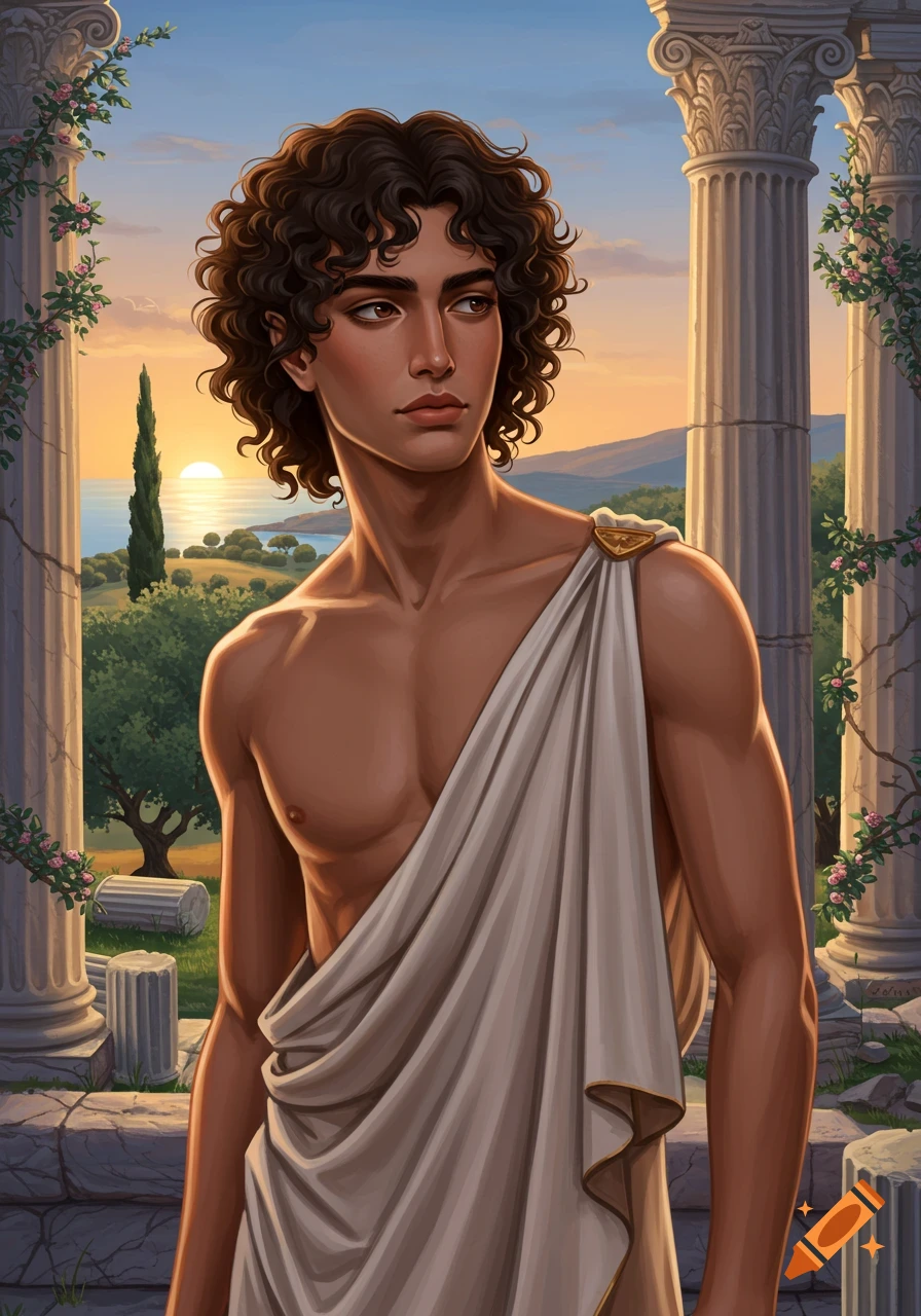 A handsome young man in classical attire stands among ancient Greek ruins at sunset, overlooking the sea.