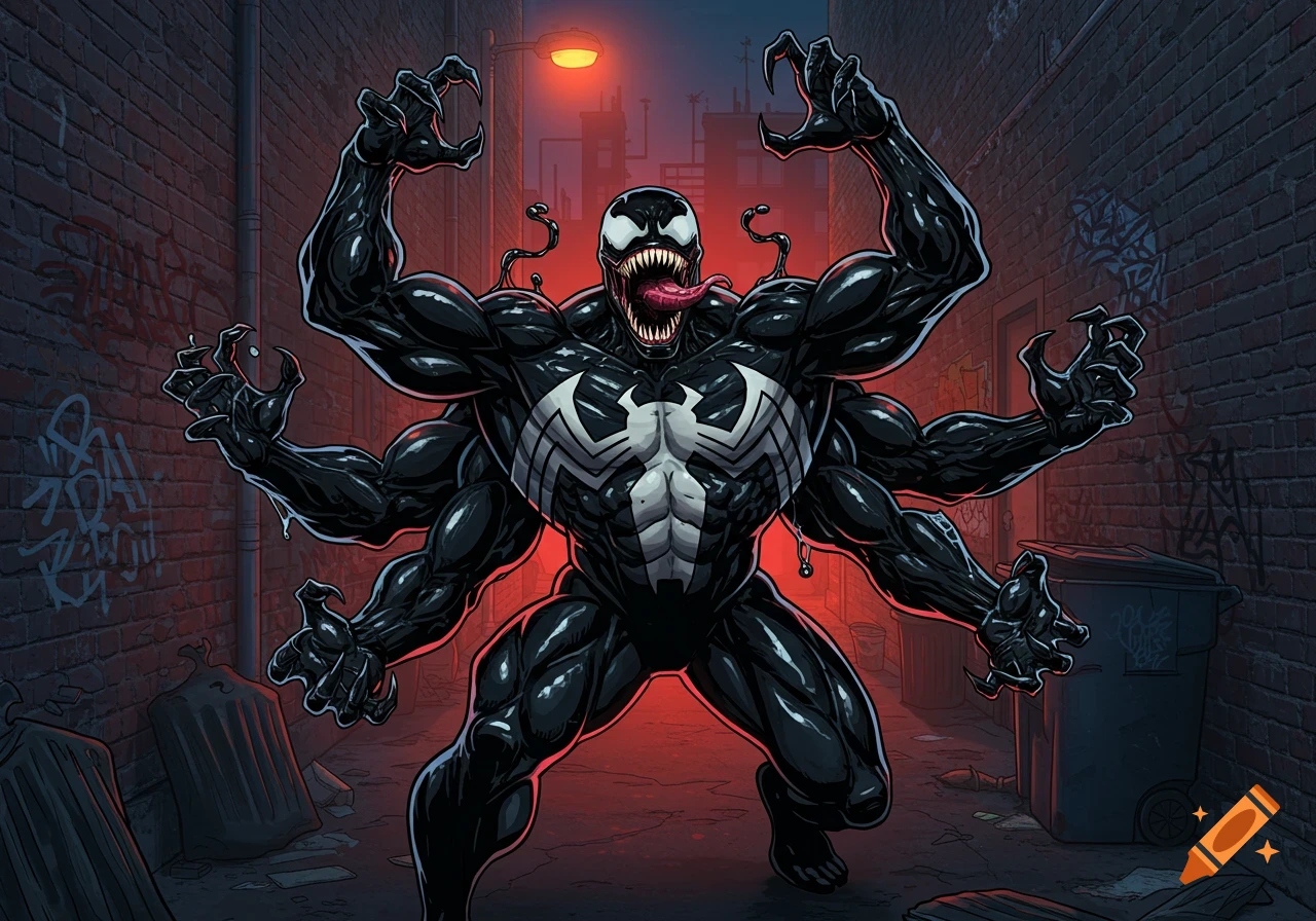Six-armed Venom with a gaping mouth and long tongue, arms flailing, in a dark alley with brick walls and garbage, comic art style.
