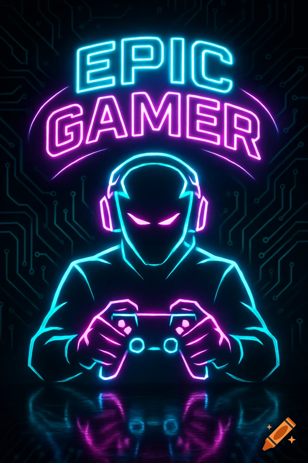 A neon art style image of a gamer silhouette with headphones holding a controller, glowing in blue and pink, against a dark circuit board background with 'EPIC GAMER' text.