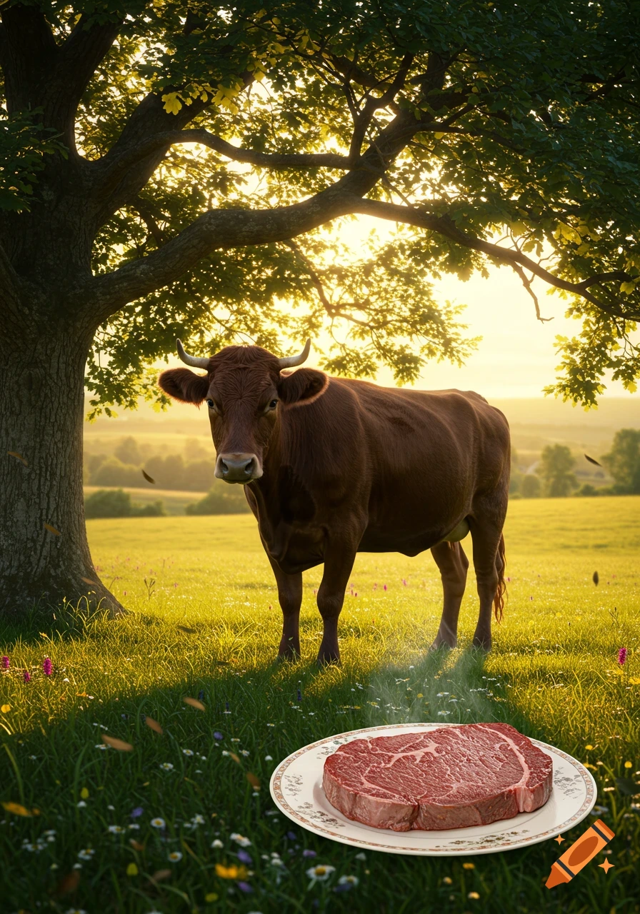 A brown cow stands in a sunny green field beside a tree, with a raw steak on a plate on the ground in front of it. Photorealistic.