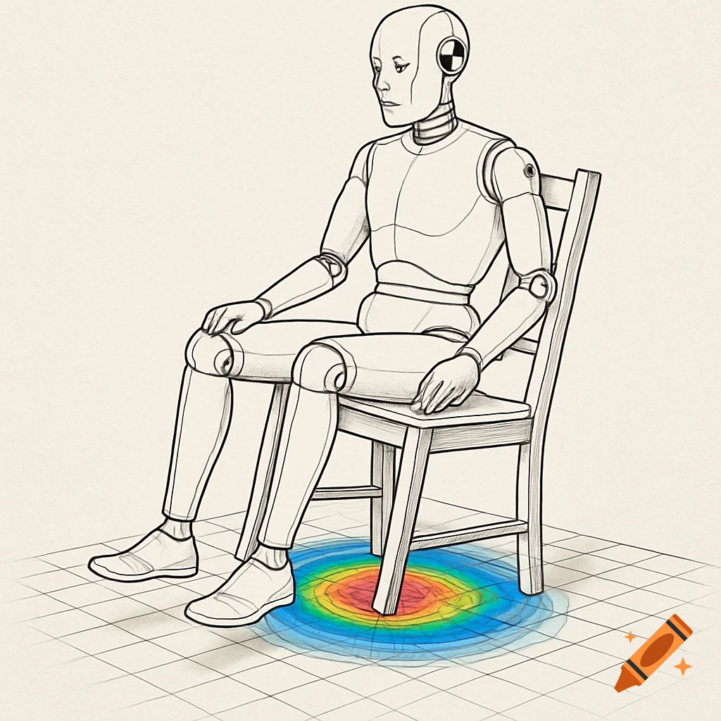 Technical illustration of a crash-test dummy on a tilting chair, showing a pressure gradient on the grid floor.