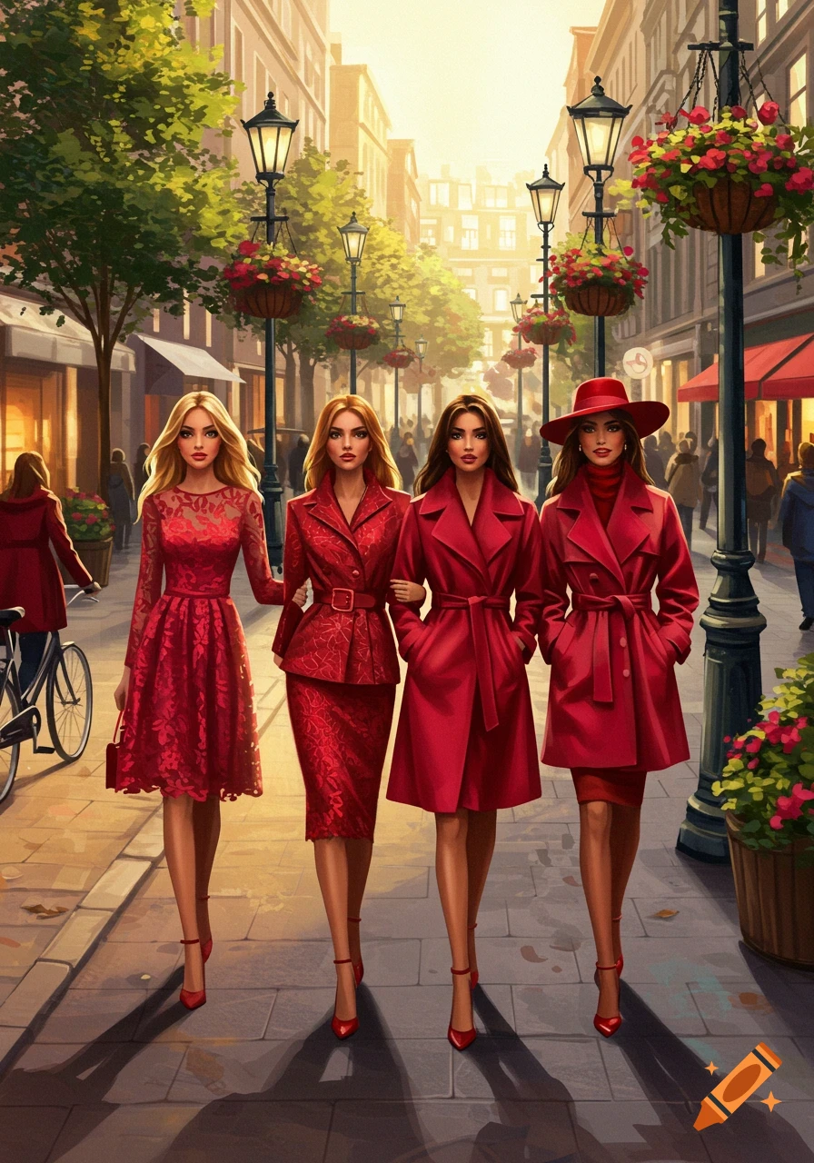Four women in various red outfits walk down a sunny city street lined with trees, streetlights, and buildings in a painterly style.