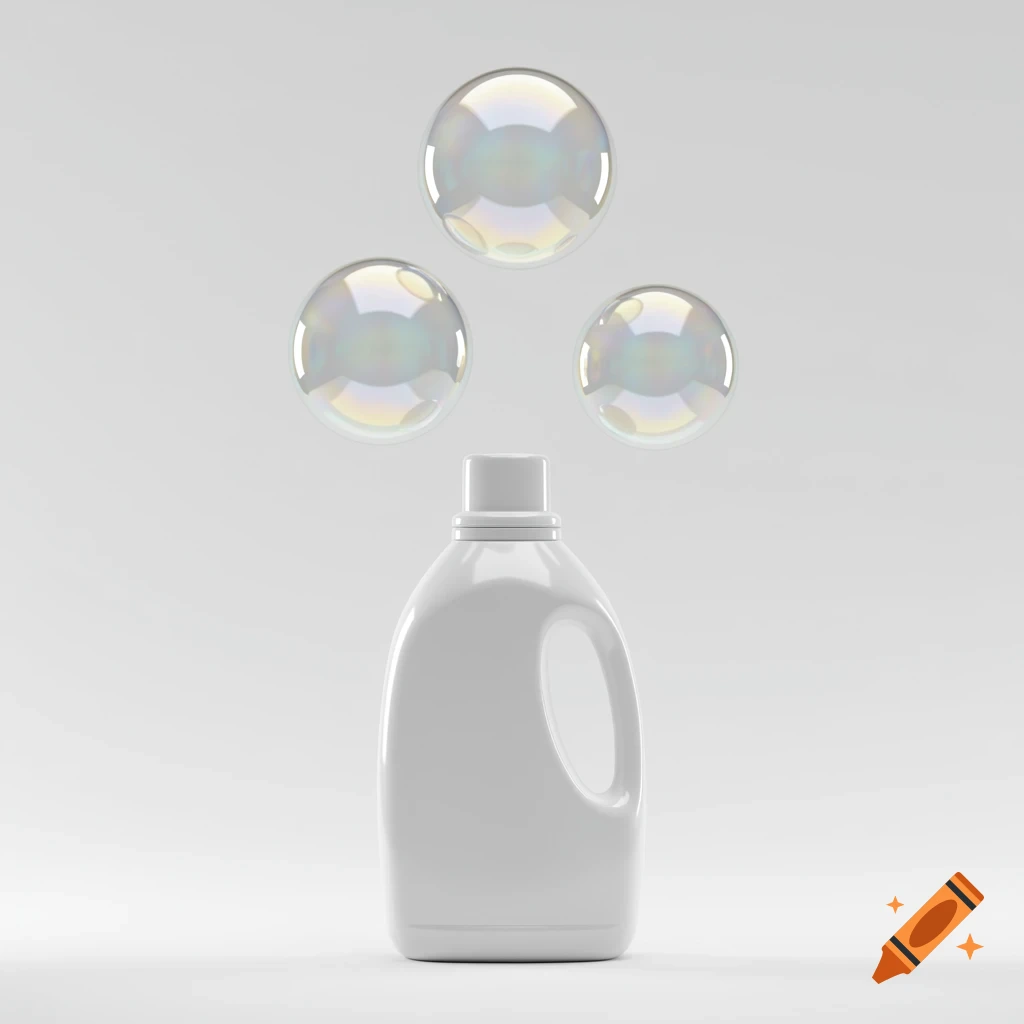 White laundry detergent bottle with three iridescent bubbles floating above it on a light grey background.