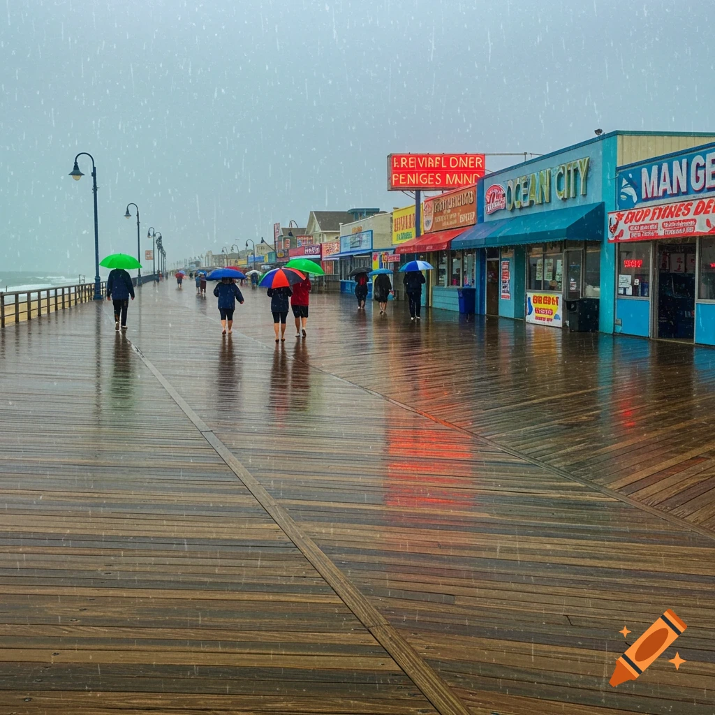A photorealistic image of people walking on a wet wooden boardwalk in the rain, carrying colorful umbrellas past storefronts.