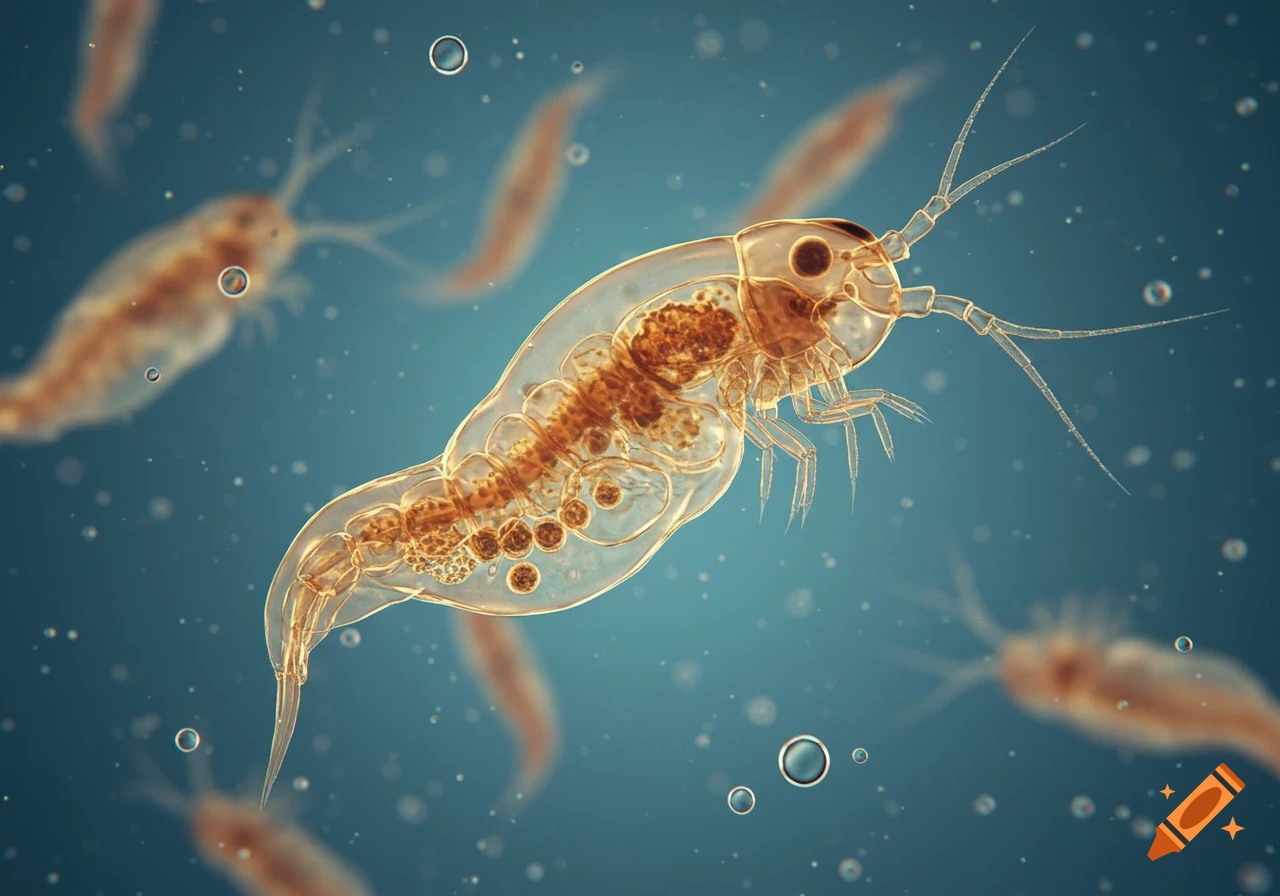 Close-up microscopic view of a translucent brown rotifer with visible internal organs and bubbles, against a blue background.