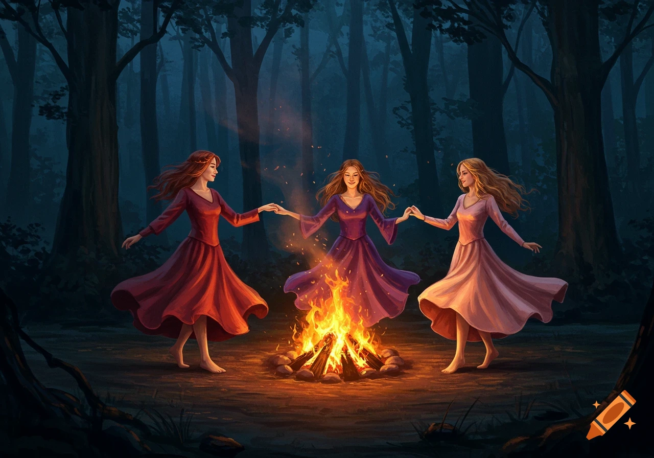 Three women in red, purple, and pink dresses dancing around a bonfire in a dark, moonlit forest.