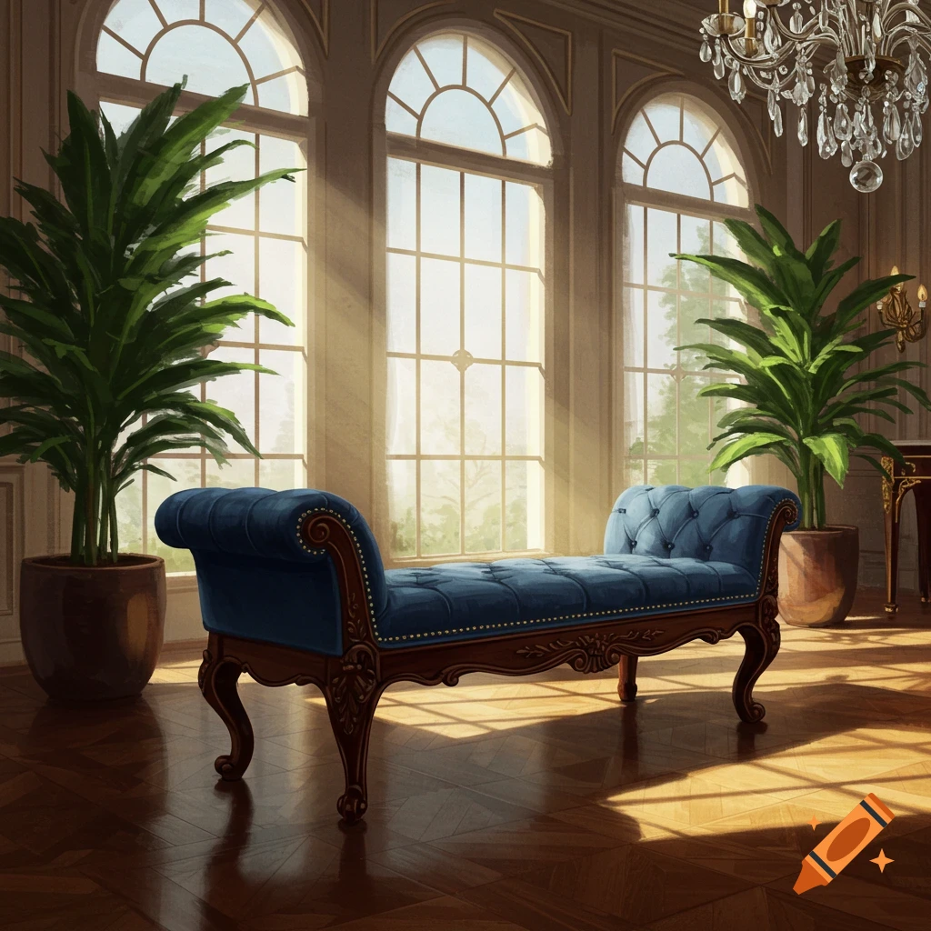 A blue upholstered chaise lounge sits on a polished wooden floor in a sunlit room with tall arched windows and large potted plants.
