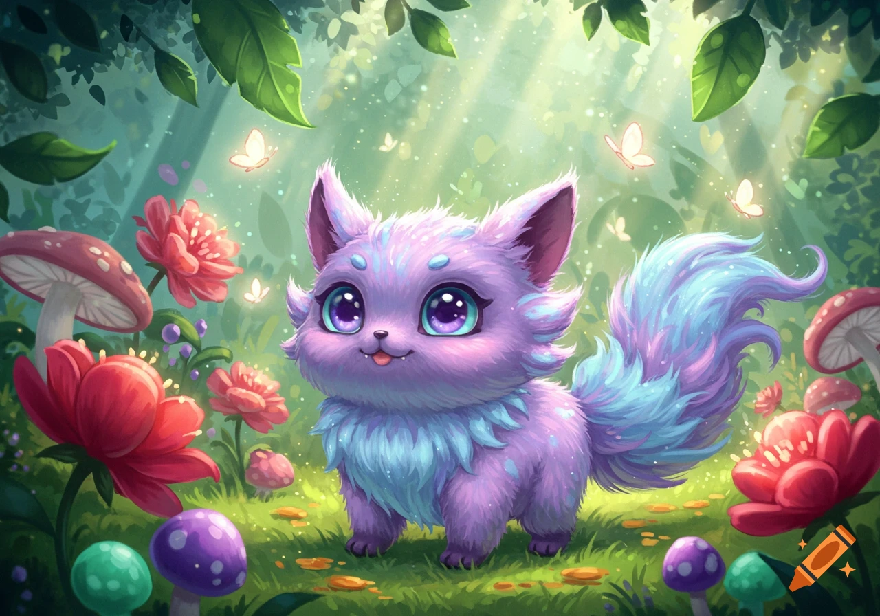 A cute, fluffy purple and blue creature with big eyes stands in a magical forest with mushrooms and butterflies.