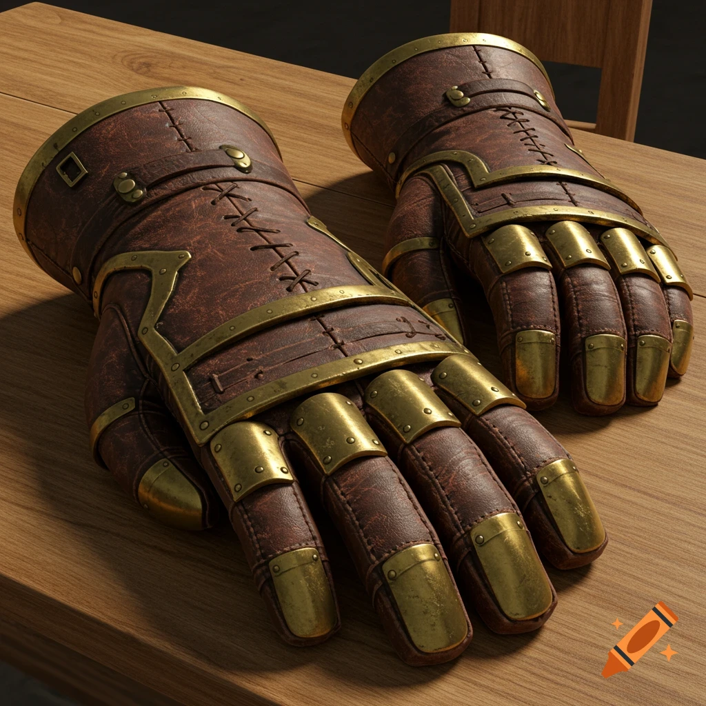 A pair of oversized, worn brown leather fantasy gloves reinforced with brass plates and intricate stitching, resting on a rustic wooden table.