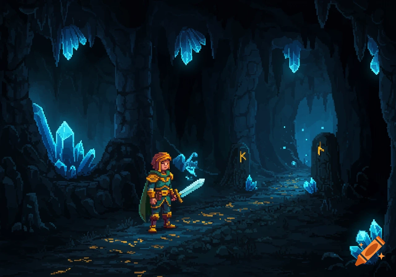 Pixel art of a hero with a sword in a dark cave with glowing blue crystals and ancient runic stones.