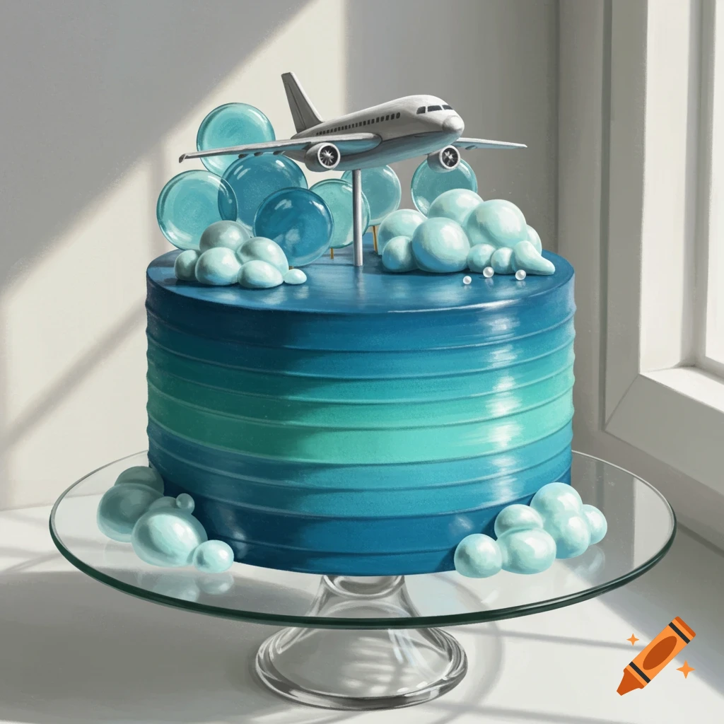 A blue and teal gradient cake decorated with an airplane, cloud shapes, and blue lollipops on a glass stand.