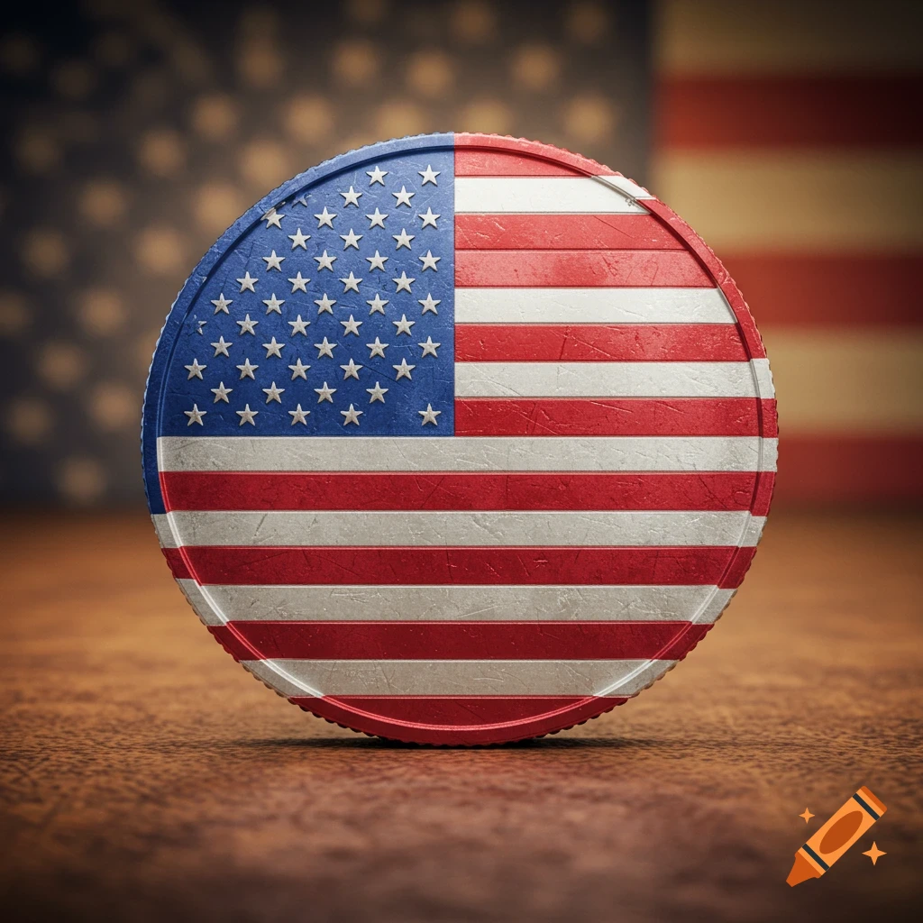 A detailed close-up of a coin featuring the American flag design, standing upright on a textured wooden surface.