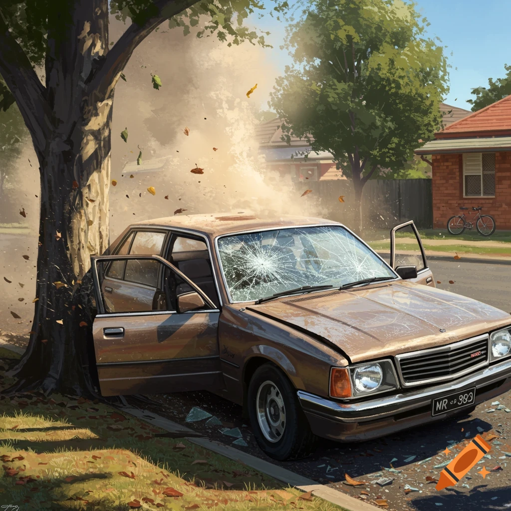 A brown car with a shattered windshield crashed into a large tree on a suburban street, surrounded by debris. Photorealistic style.