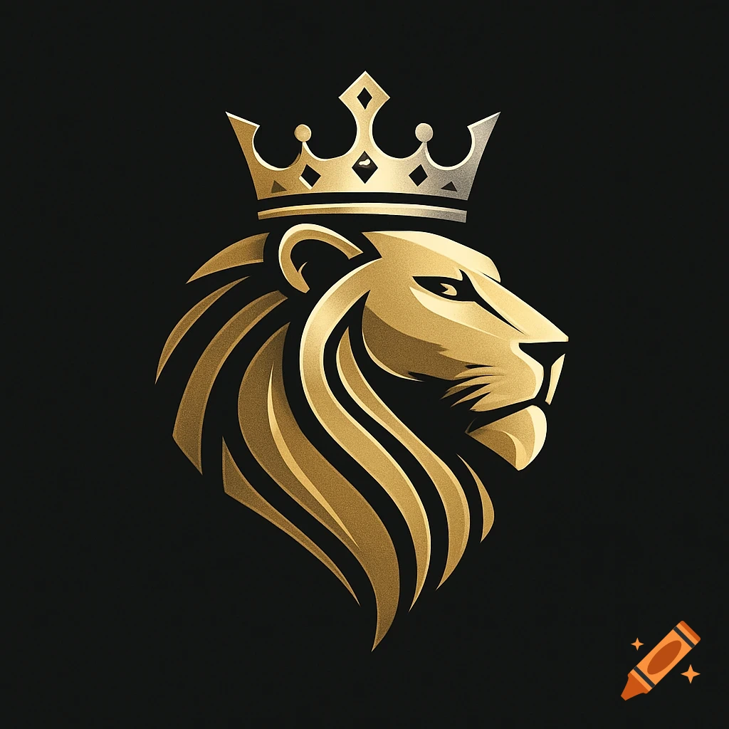 A stylized gold lion head with a silver crown on a black background, designed as a logo.