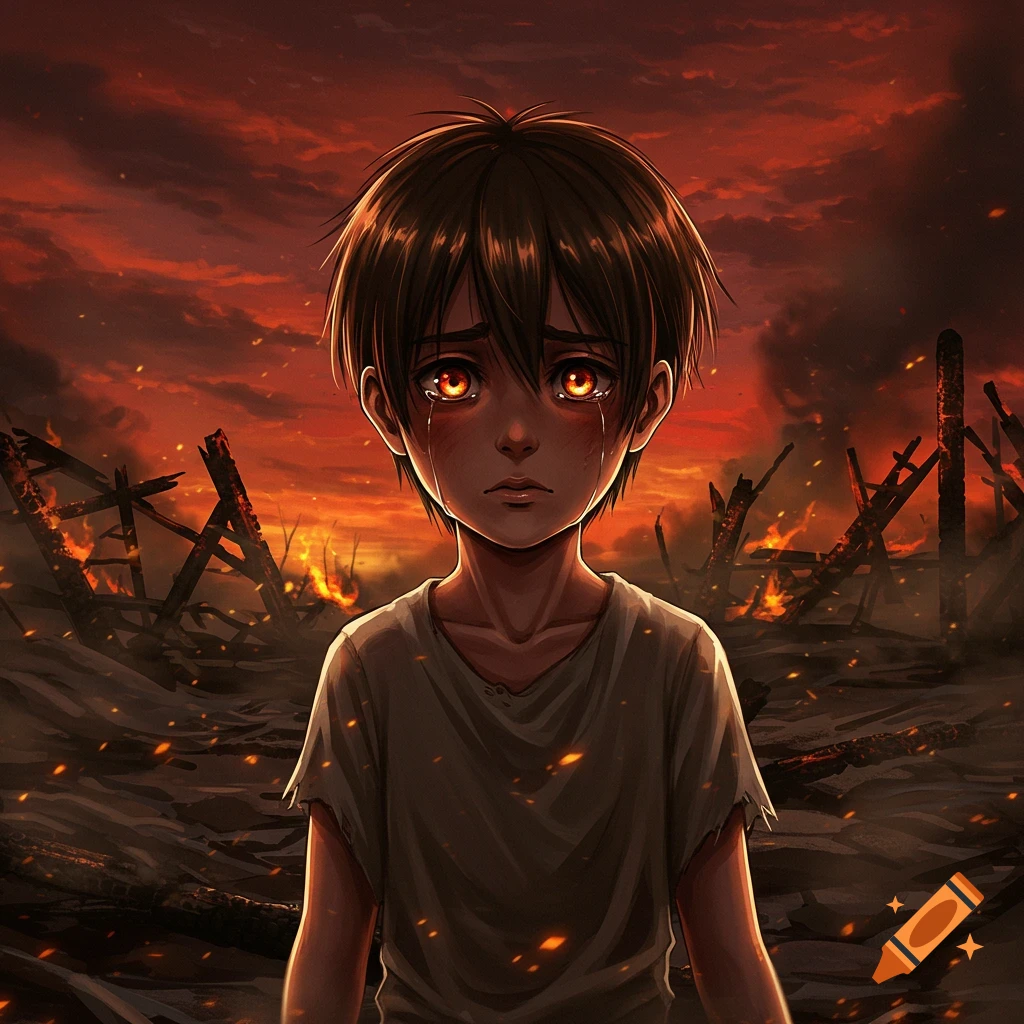An anime boy with glowing orange eyes cries amidst a fiery, destroyed landscape under a red sky.