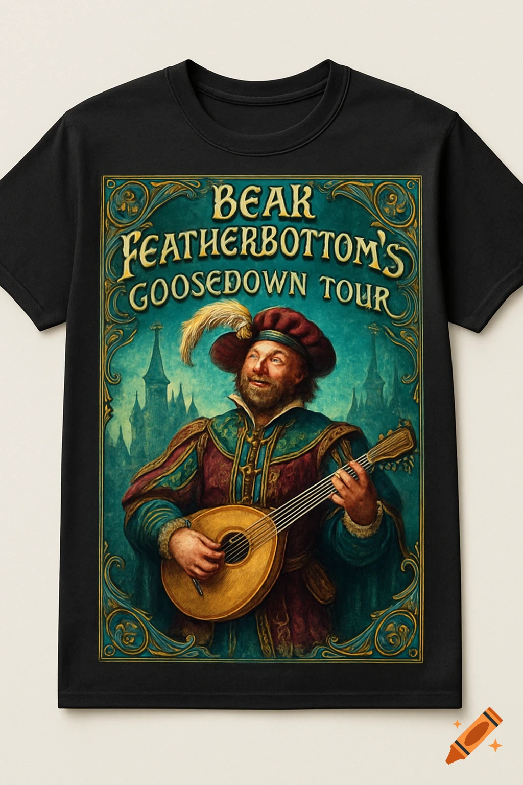 A black t-shirt featuring a medieval-style illustration of a smiling bard playing a mandolin, with text "BEAK FEATHERBOTTOM'S GOOSEDOWN TOUR".