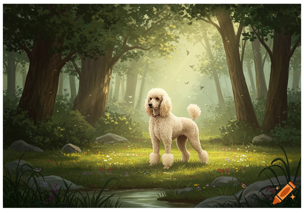A white standard poodle stands gracefully in a sunlit, vibrant green forest clearing with tall trees and a small stream.