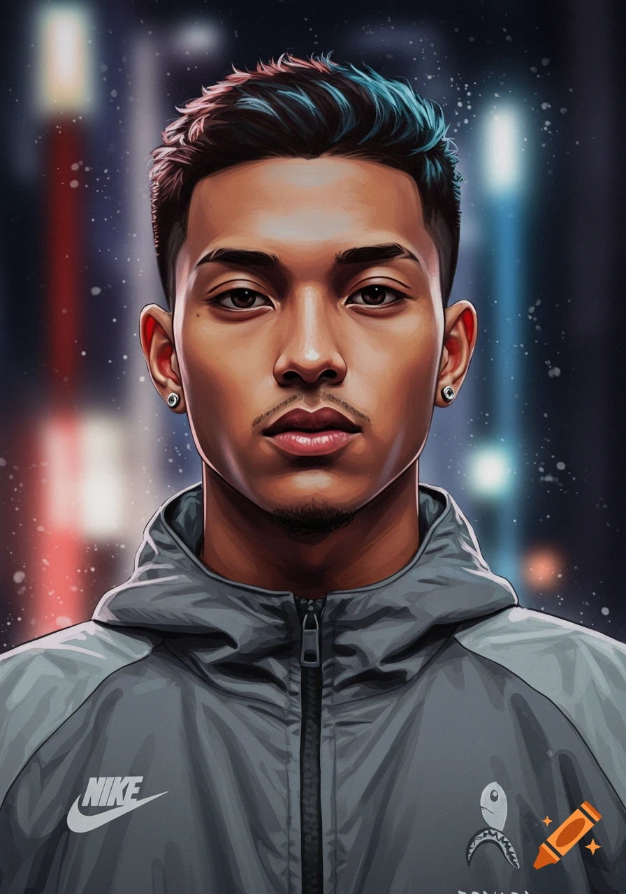 Illustrative portrait of a young man with blue highlights in his hair, wearing a grey Nike jacket with a shark emblem, looking confidently at the viewer.