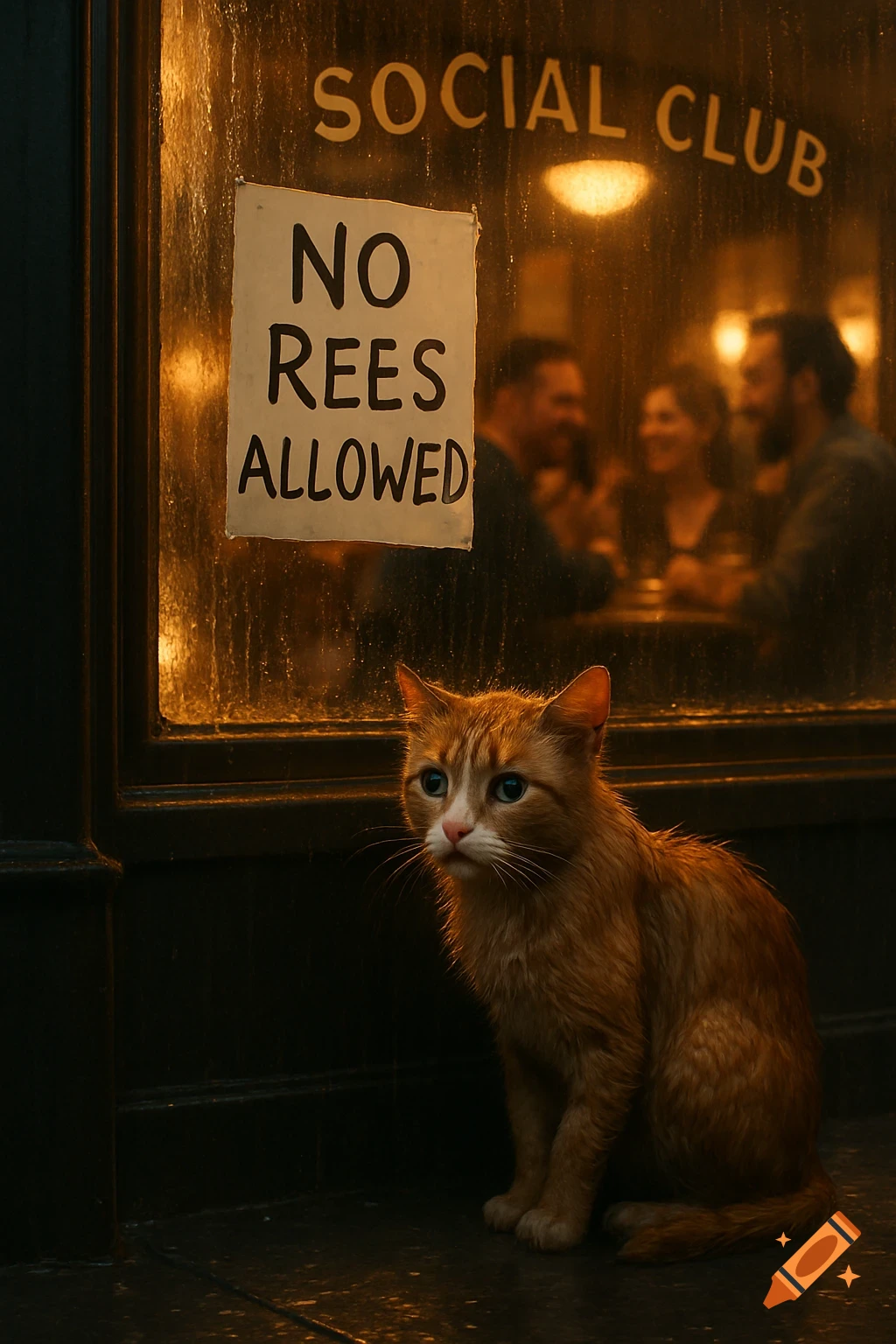 A wet orange and white cat sits outside a social club, looking in. A sign on the window reads "NO REES ALLOWED". Photorealistic.