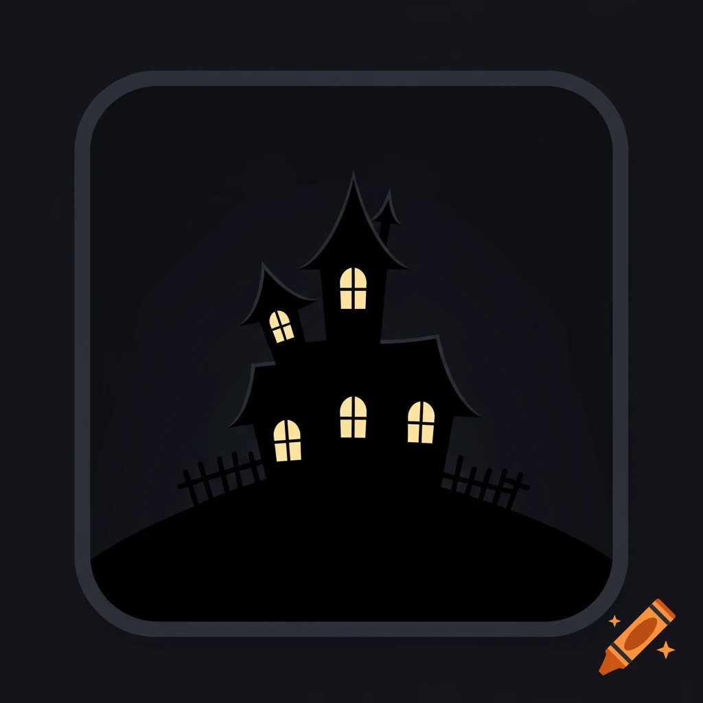 A minimalist dark icon of a haunted house with glowing yellow windows on a hill.