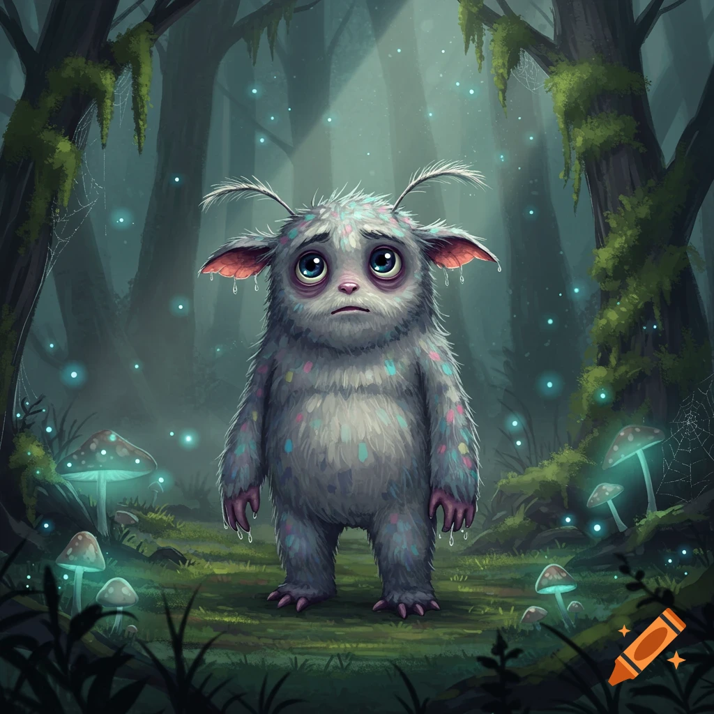 A sad, furry monster with large eyes and sweaty hands stands in a mystical glowing forest with mushrooms.
