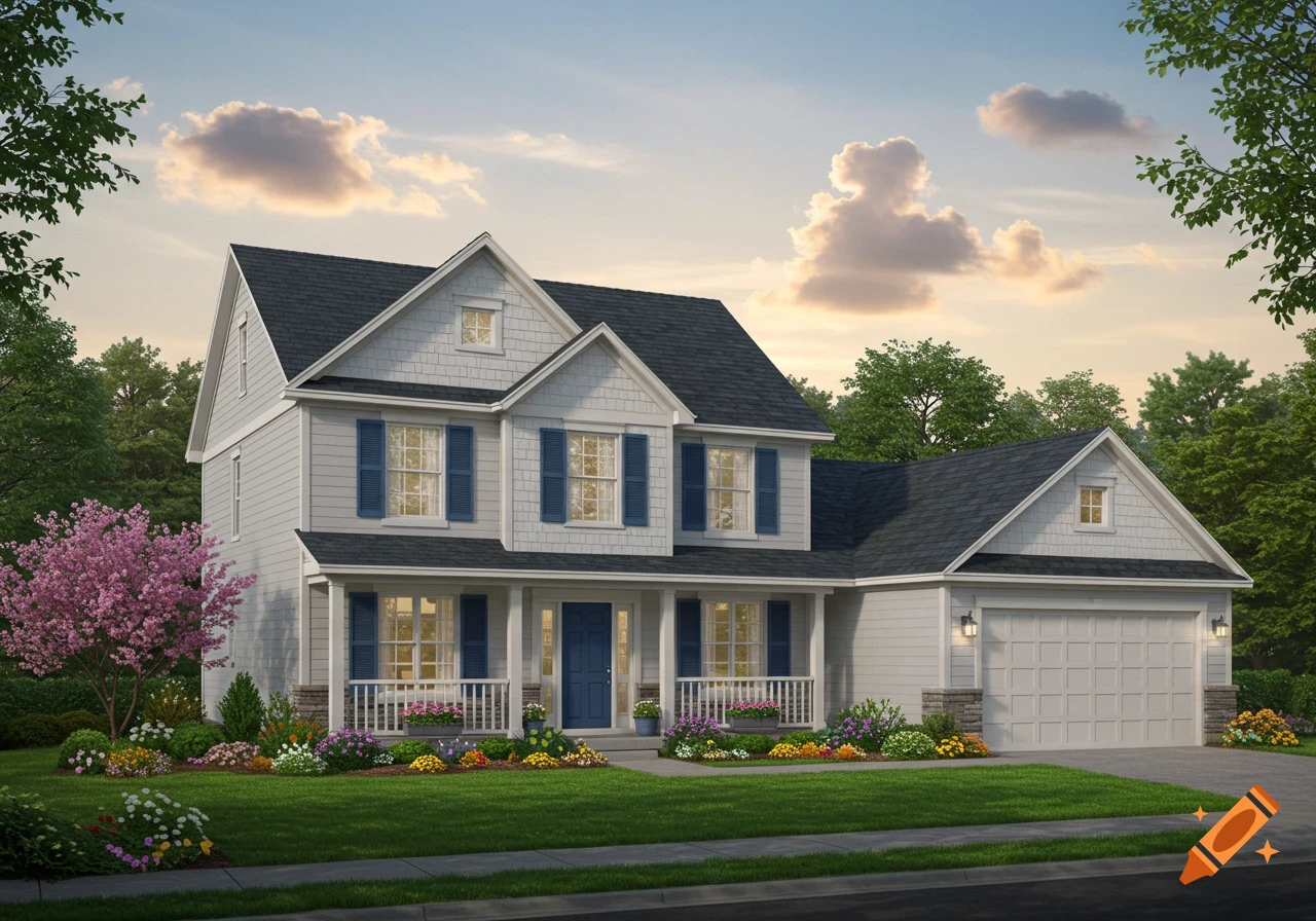 A two-story suburban house with white siding, blue shutters, a dark gray roof, and a prominent front porch.
