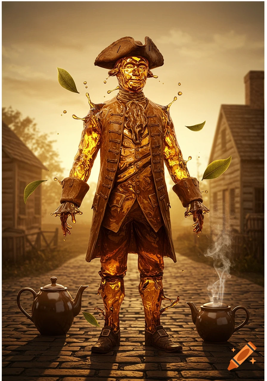 A golden liquid tea man in colonial attire stands on a cobblestone path between old houses with teapots and floating tea leaves.