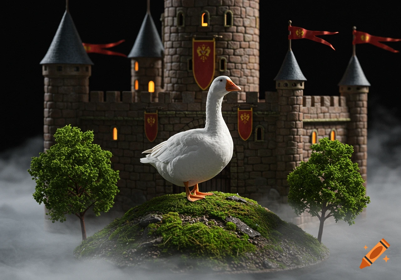 A large white goose standing on a mossy hill with small trees, in front of a stone castle partly covered in fog, in a miniature diorama style.