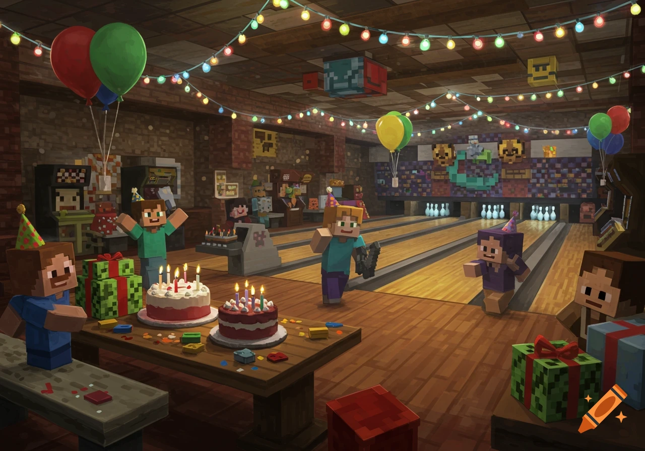 Minecraft characters celebrate a birthday party in a bowling alley, featuring cakes, gifts, balloons, and arcade games.