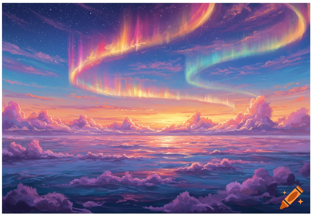 Vibrant aurora swirls over reflective water and clouds at sunrise in a painterly style.