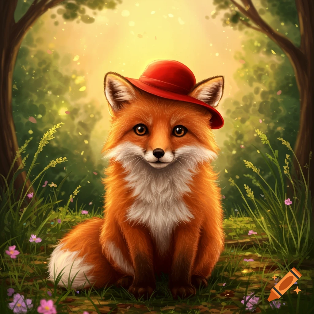 A cute fox wearing a red hat sits in a sunny forest clearing with green grass and wildflowers.