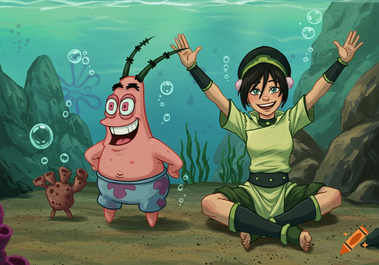 Patrick Star and Toph Beifong smiling and posing underwater in a cartoon style.
