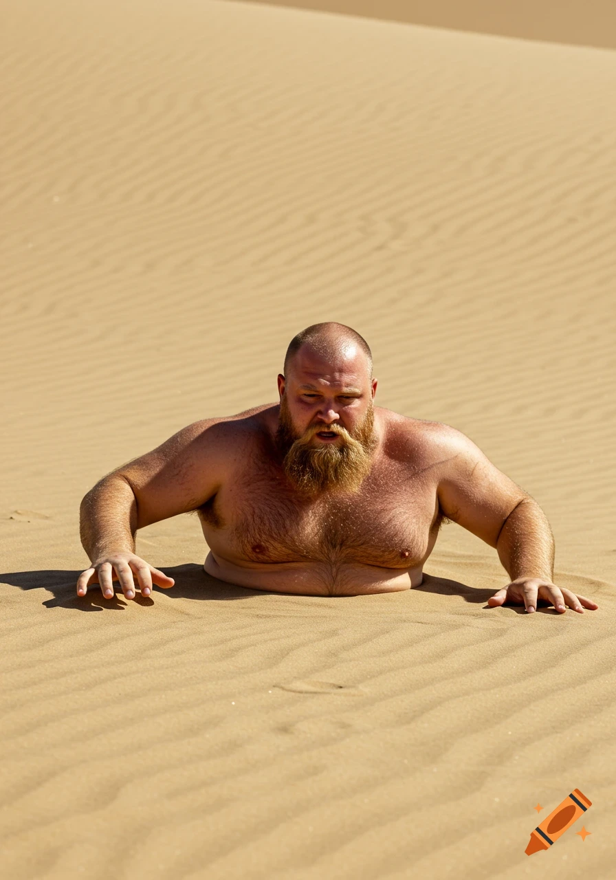 A bald, bearded man with hairy arms partially buried in shifting sand, attempting to emerge from a large desert dune.