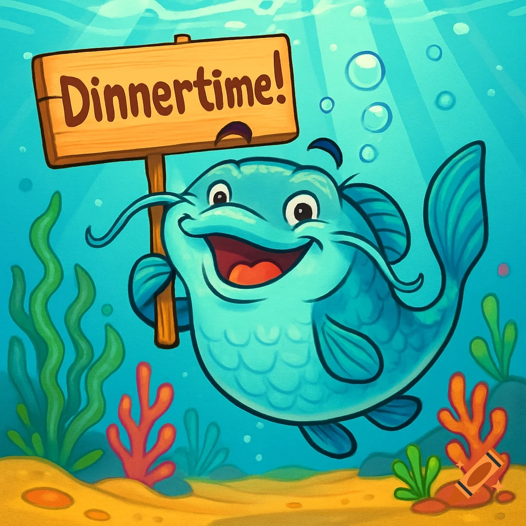 A happy cartoon catfish underwater holds a sign that says Dinnertime!