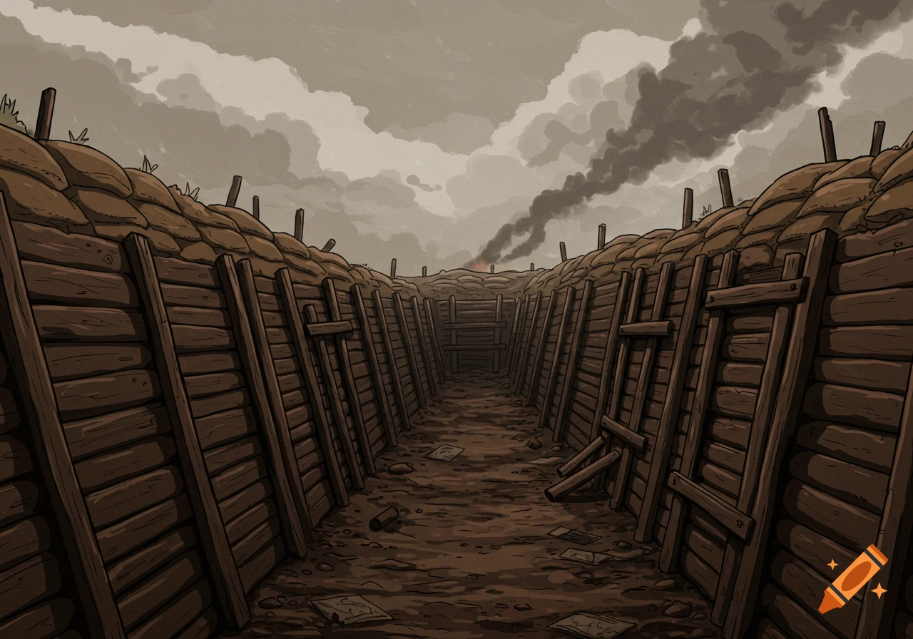 An empty WWI trench with wooden walls and sandbags under a cloudy, smoky sky, in a cartoon illustration style.