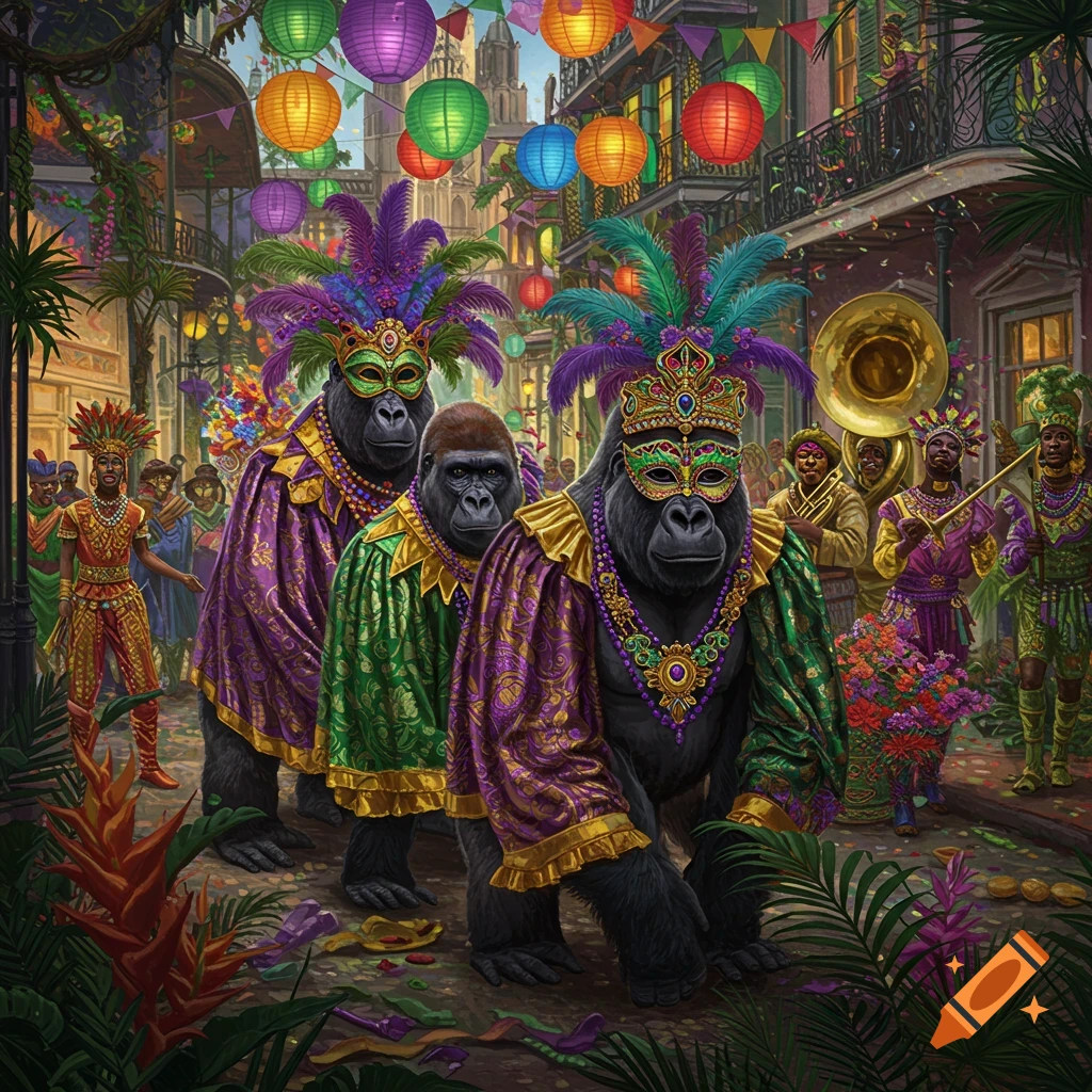 Three gorillas in ornate purple and green Mardi Gras costumes and masks parade down a festive street adorned with lanterns and confetti.