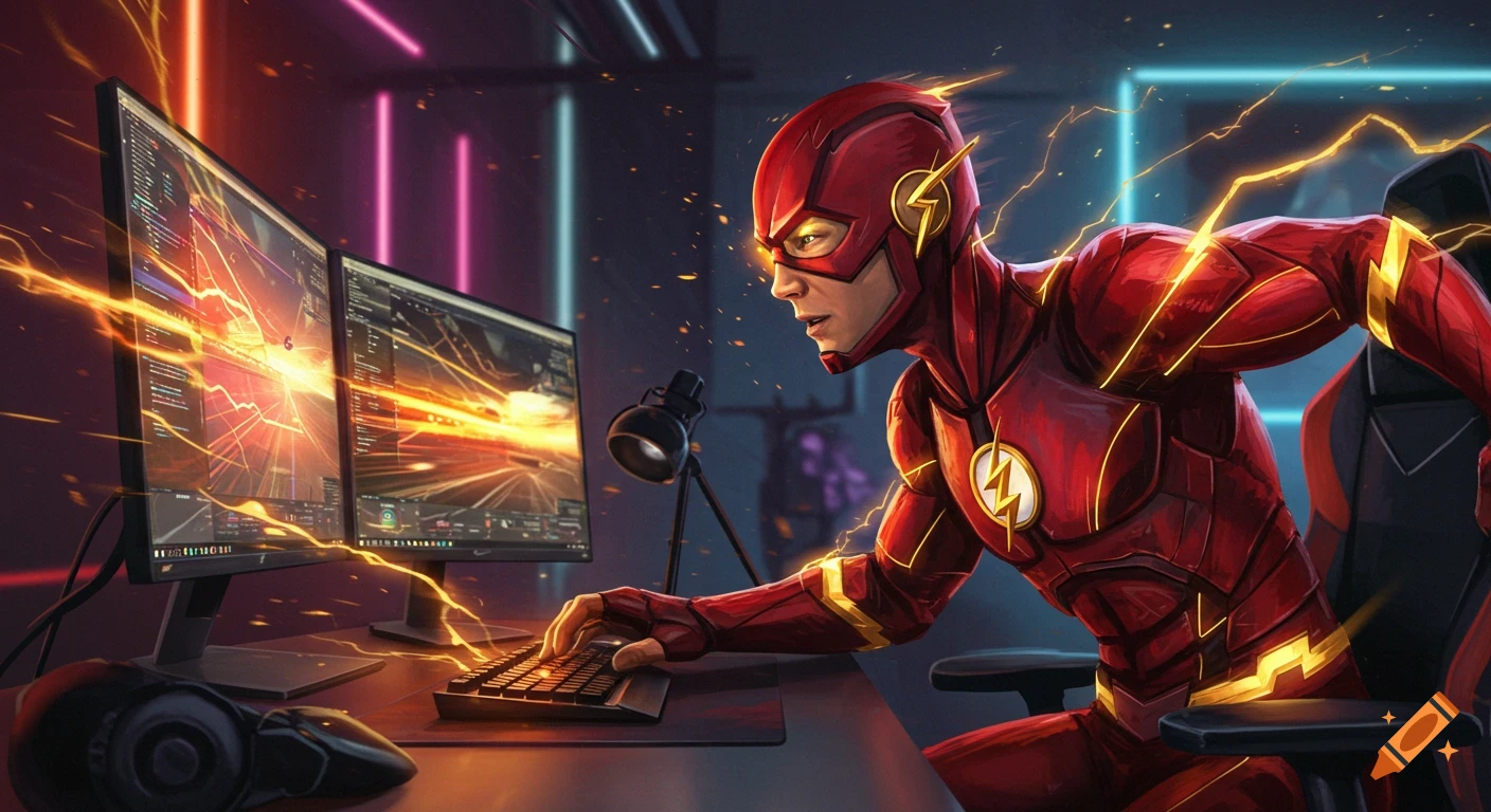 The Flash in his red suit plays at a neon-lit gaming setup with two monitors, surrounded by lightning effects, digital art.