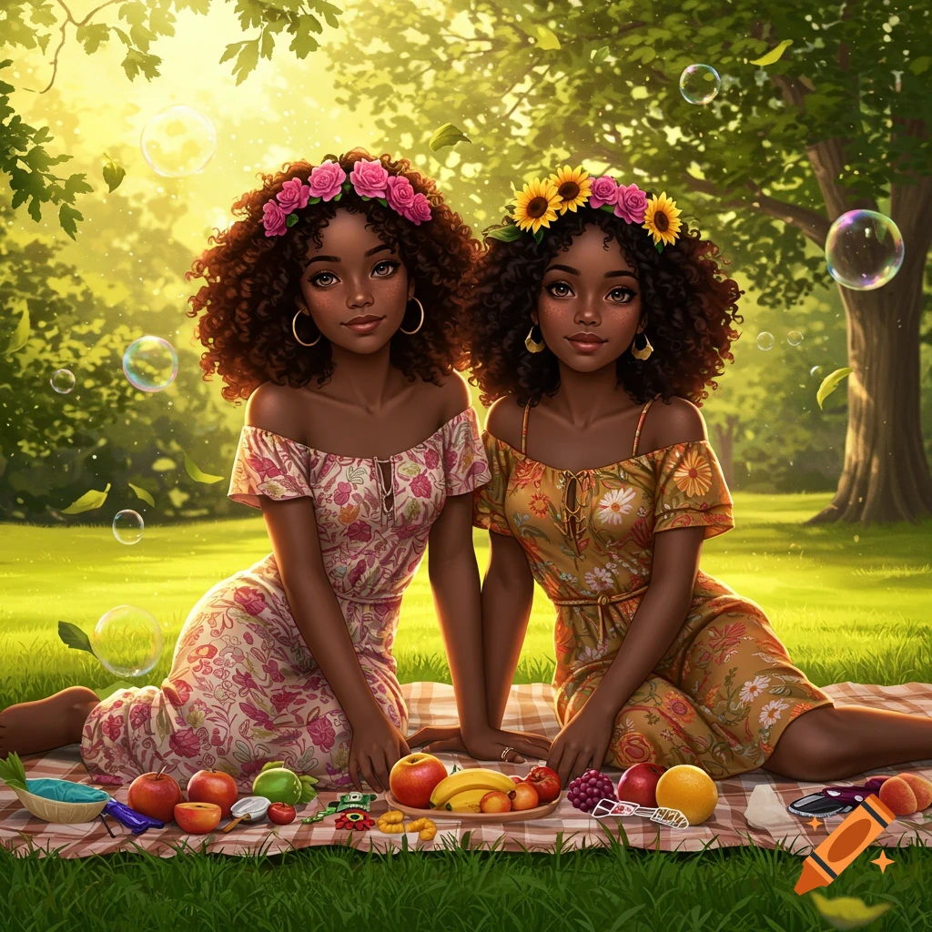 Two smiling Black girls with floral crowns having a picnic on a checkered blanket in a sunny park with trees and bubbles, digital art.
