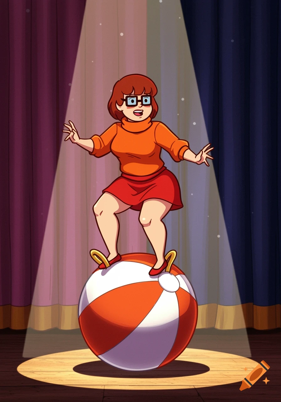Cartoon Velma Dinkley clumsily balancing on an orange and white striped beach ball onstage under a spotlight.
